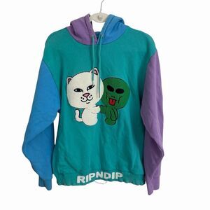 RIPNDIP Hoodie Mens Medium Buddy System Colorblock Teal With Cats Aliens Sweater